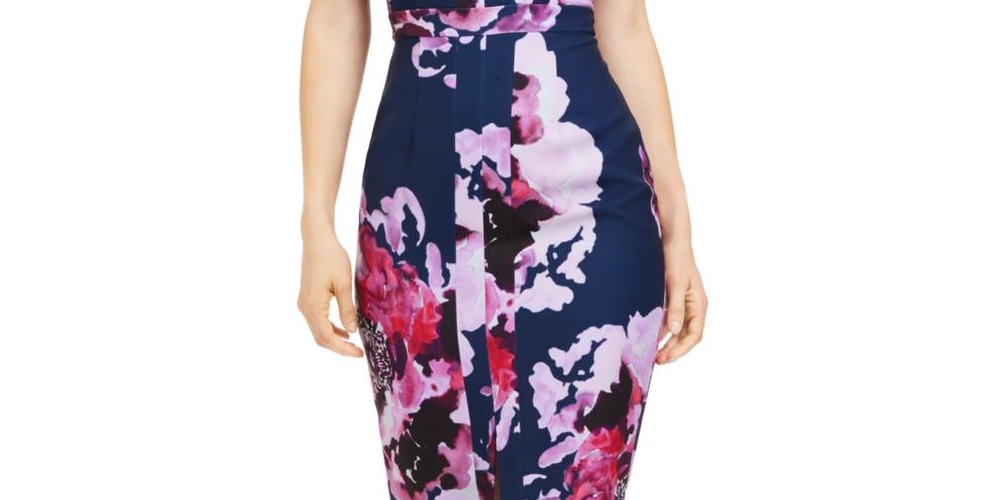 Vestido justo feminino Trina Turk com estampa floral e sem mangas, azul-marinho/roxo, tamanho 16