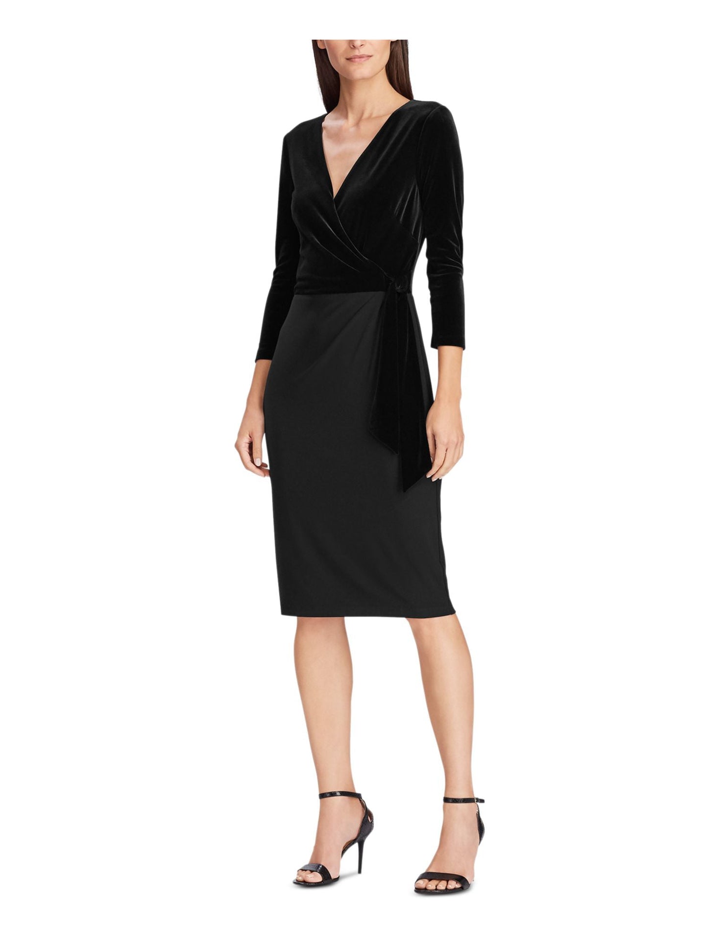 Vestido de festa midi com decote em V e manga 3/4 de veludo Ralph Lauren feminino, preto, tamanho 12