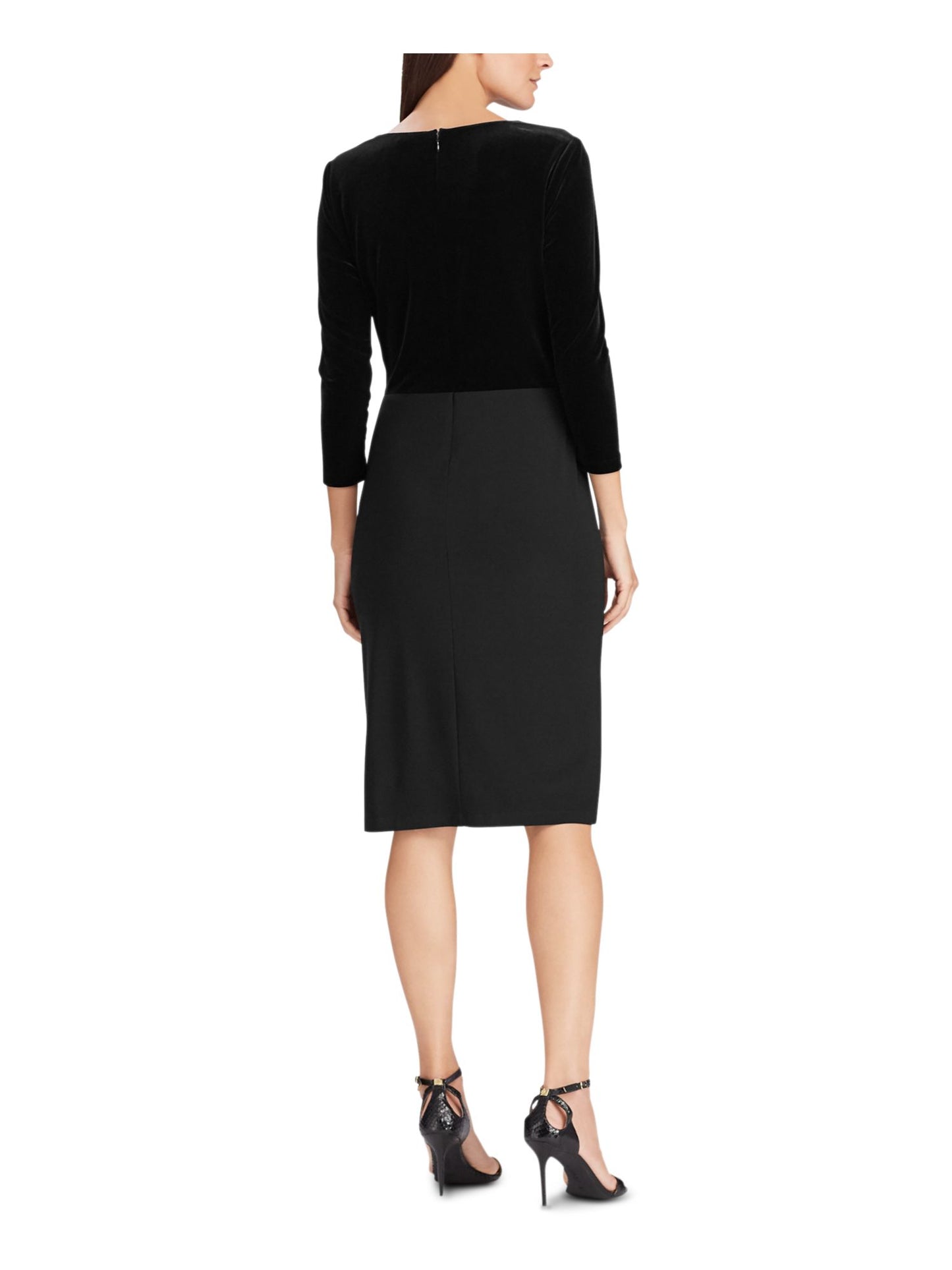 Vestido de festa midi com decote em V e manga 3/4 de veludo Ralph Lauren feminino, preto, tamanho 12