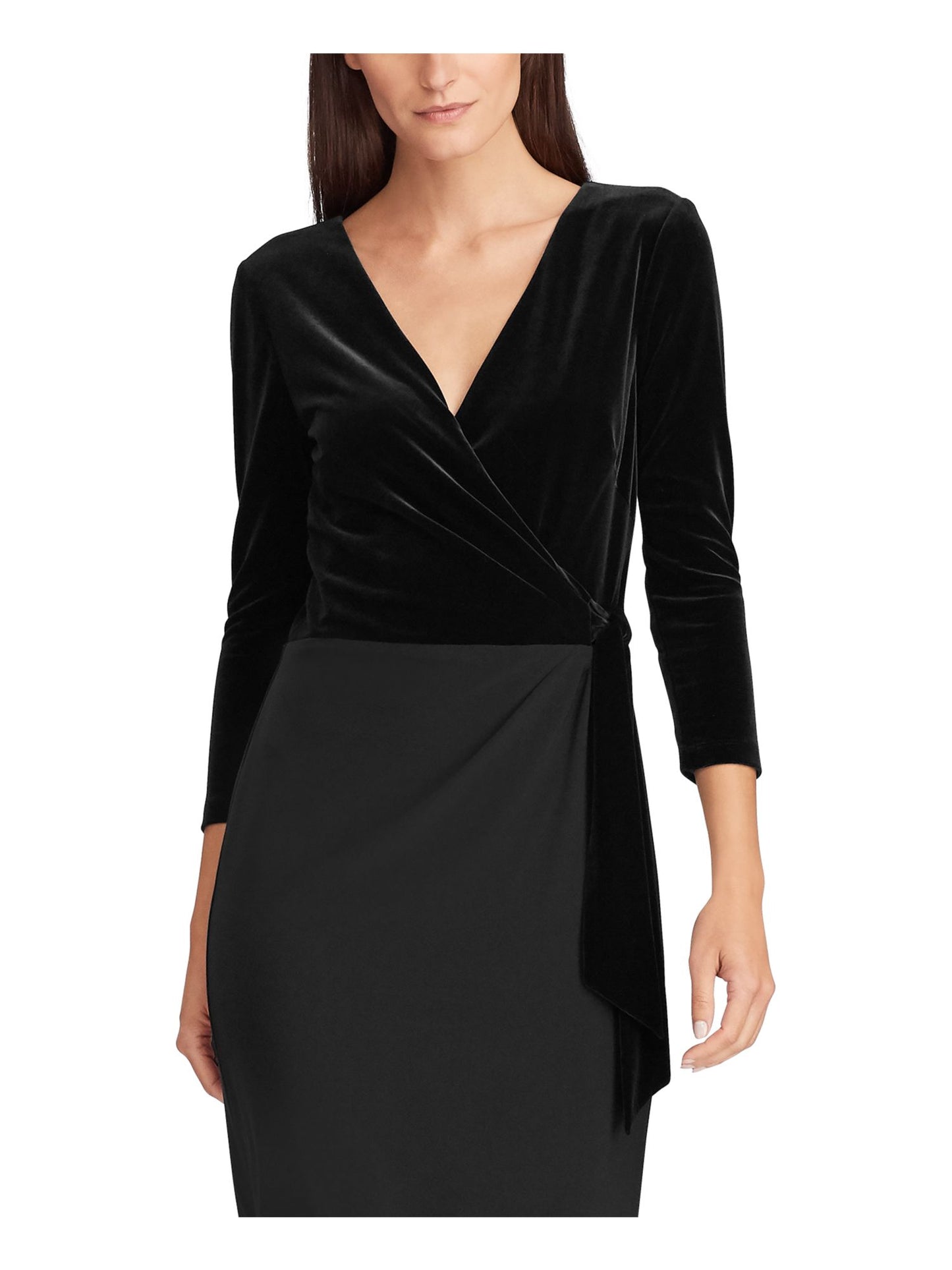 Vestido de festa midi com decote em V e manga 3/4 de veludo Ralph Lauren feminino, preto, tamanho 12