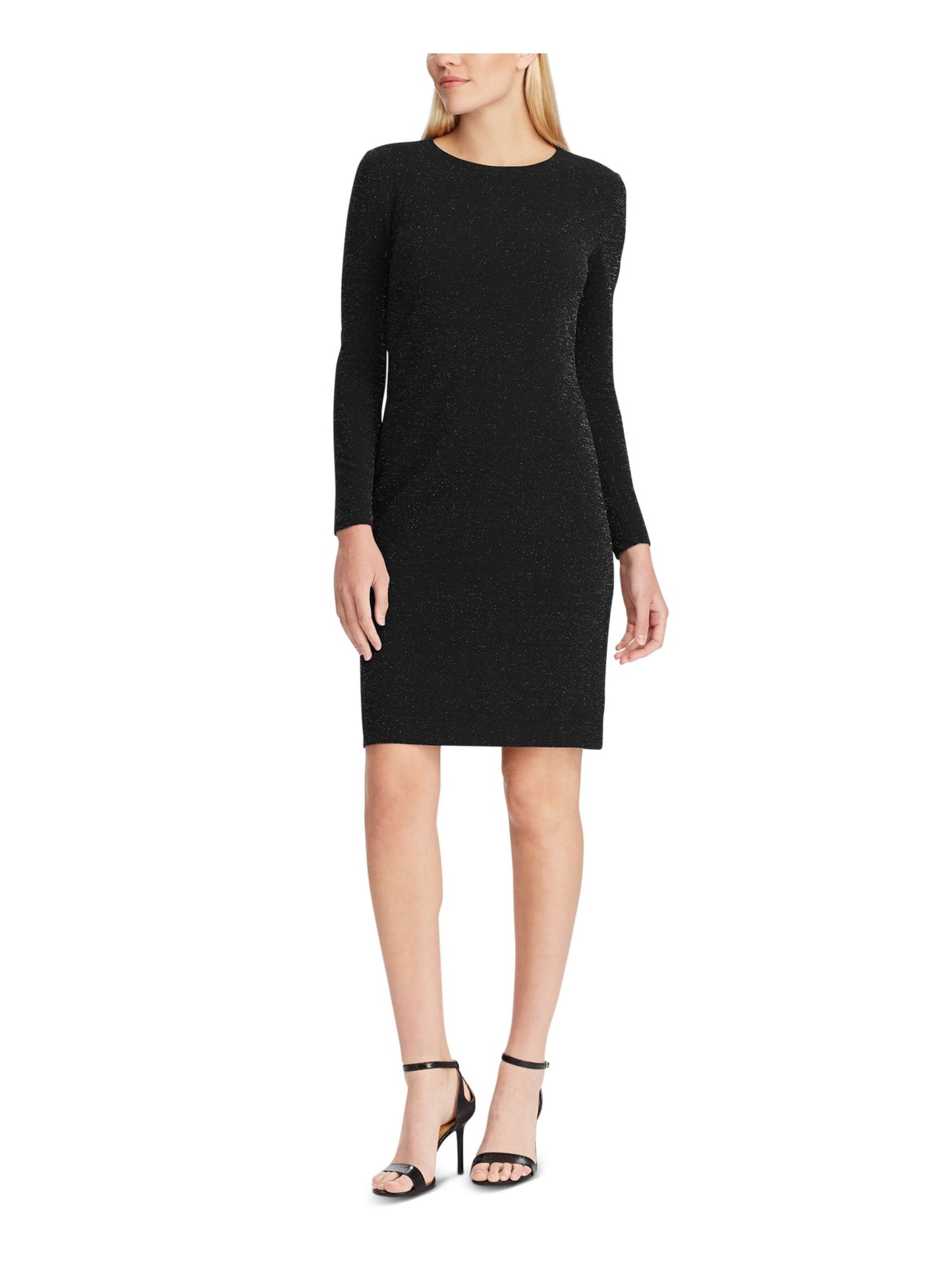 Vestido de coquetel Ralph Lauren feminino com glitter, manga comprida, decote joia, acima do joelho, preto, tamanho 14, pequeno