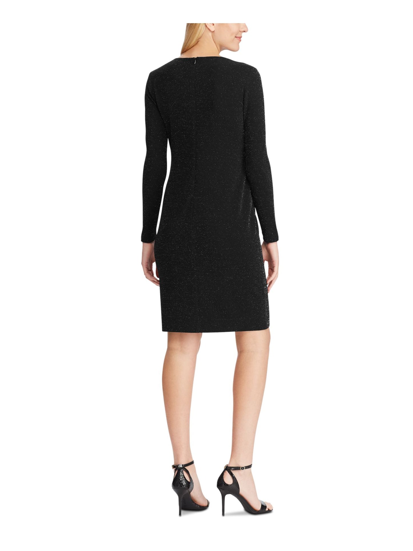 Vestido de coquetel Ralph Lauren feminino com glitter, manga comprida, decote joia, acima do joelho, preto, tamanho 14, pequeno