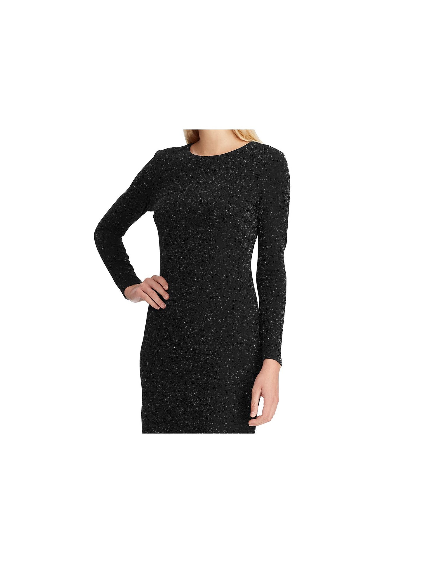 Vestido de coquetel Ralph Lauren feminino com glitter, manga comprida, decote joia, acima do joelho, preto, tamanho 14, pequeno