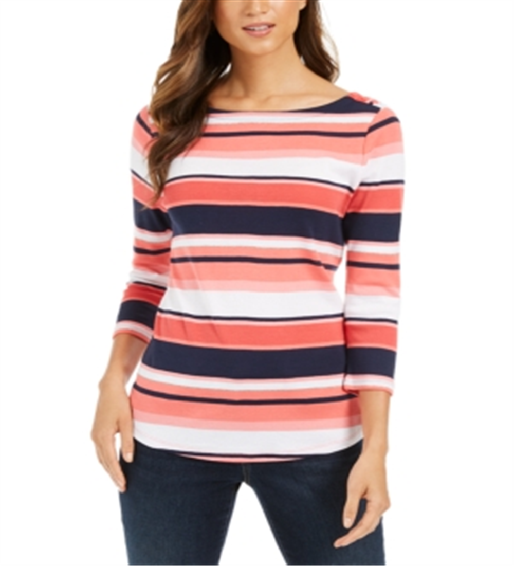 Charter Club Blusa feminina listrada de algodão Pima com botões e ombros, coral, tamanho G