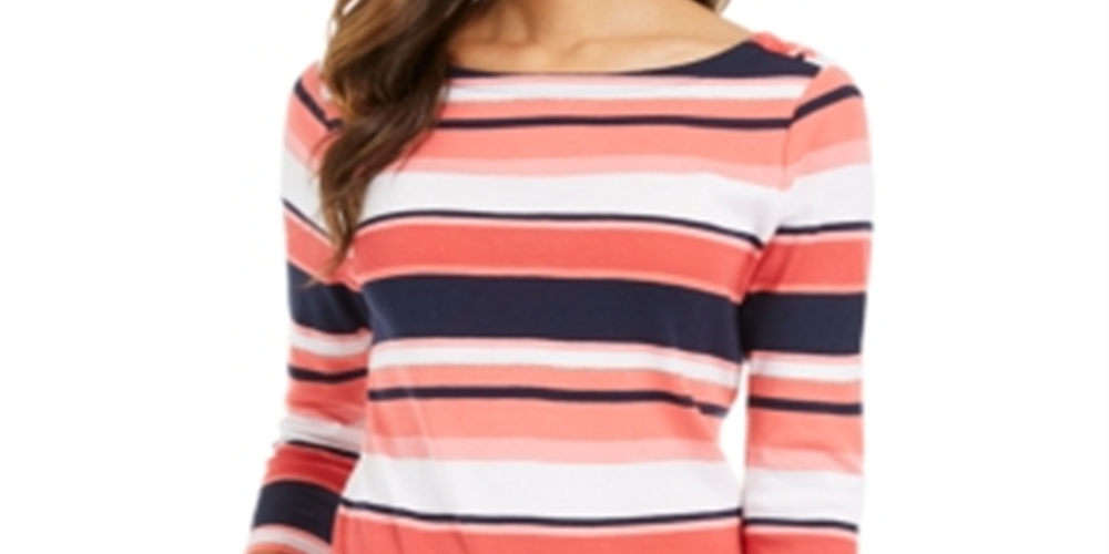 Charter Club Blusa feminina listrada de algodão Pima com botões e ombros, coral, tamanho G