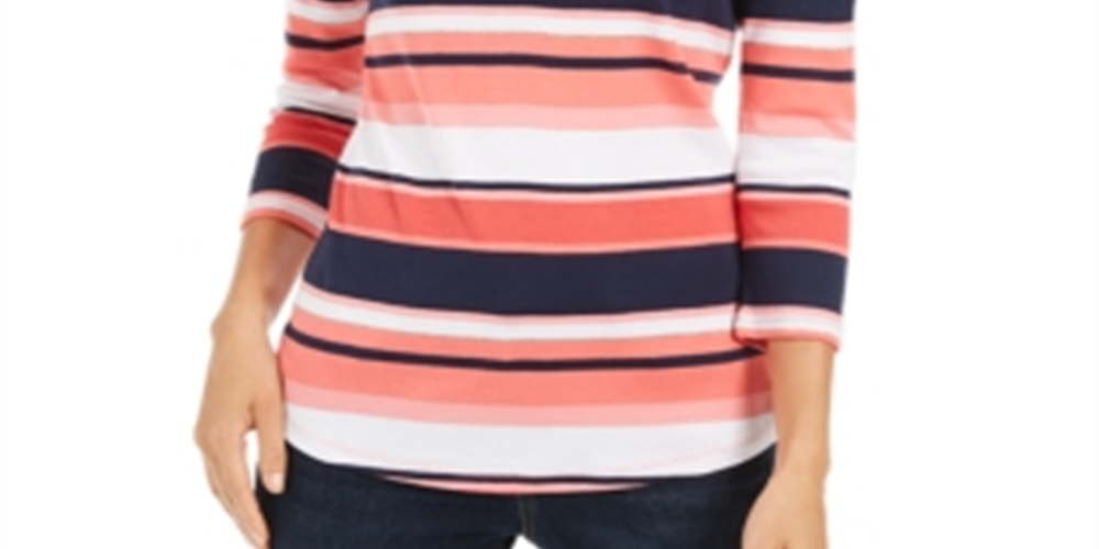 Charter Club Blusa feminina listrada de algodão Pima com botões e ombros, coral, tamanho G