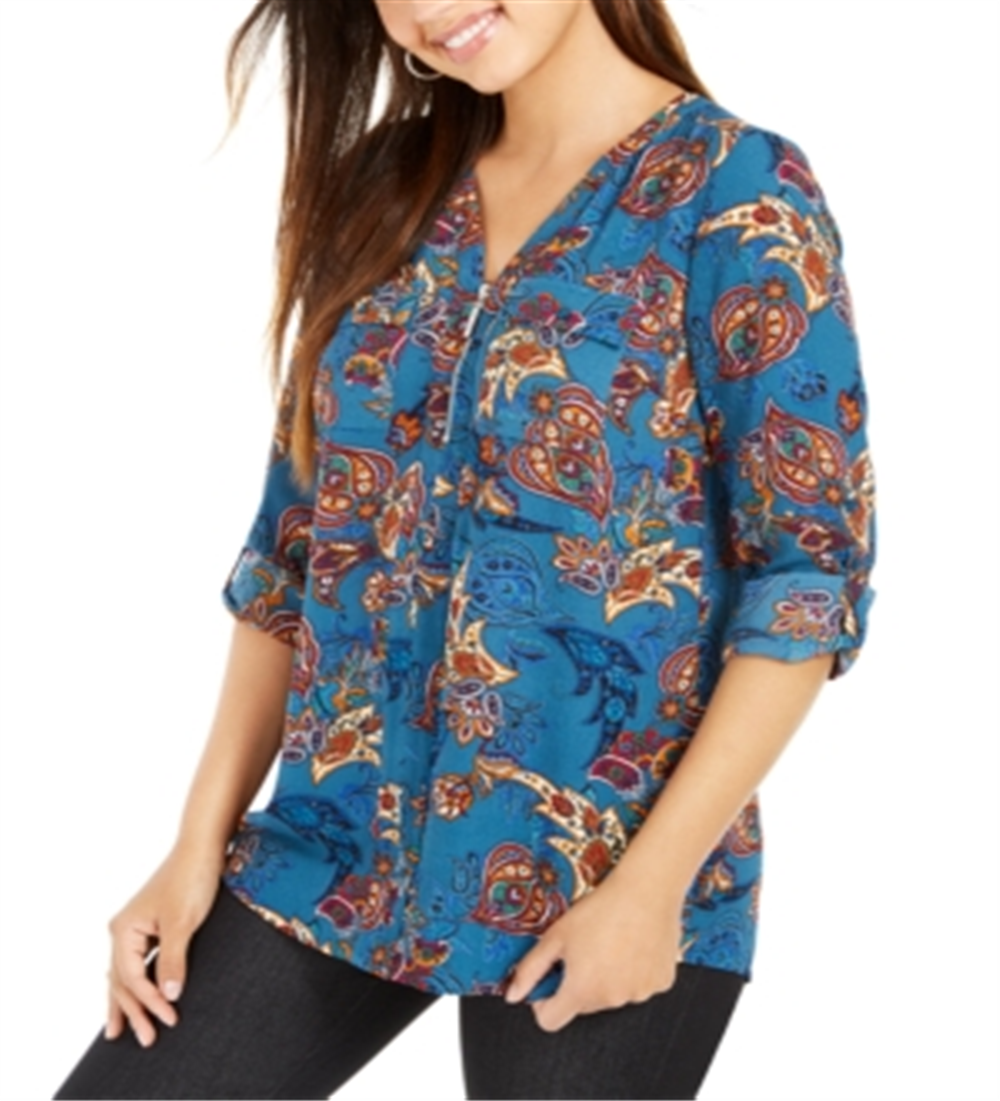 Blusa Paisley Feminina NY Collection Azul Tamanho Pequeno X-Grande
