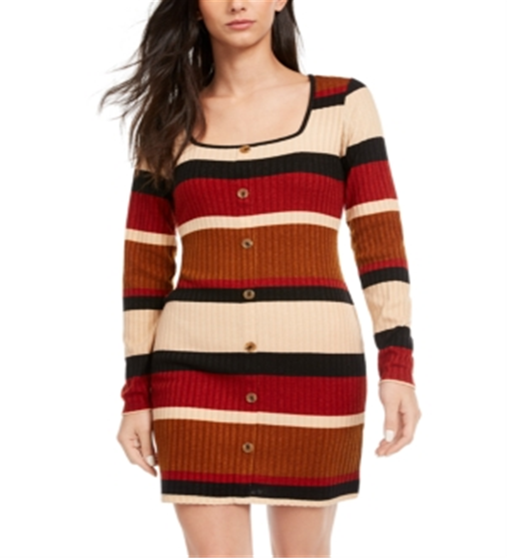 Vestido suéter listrado de malha canelada Ultra Flirt Junior's, bege, tamanho XX-S