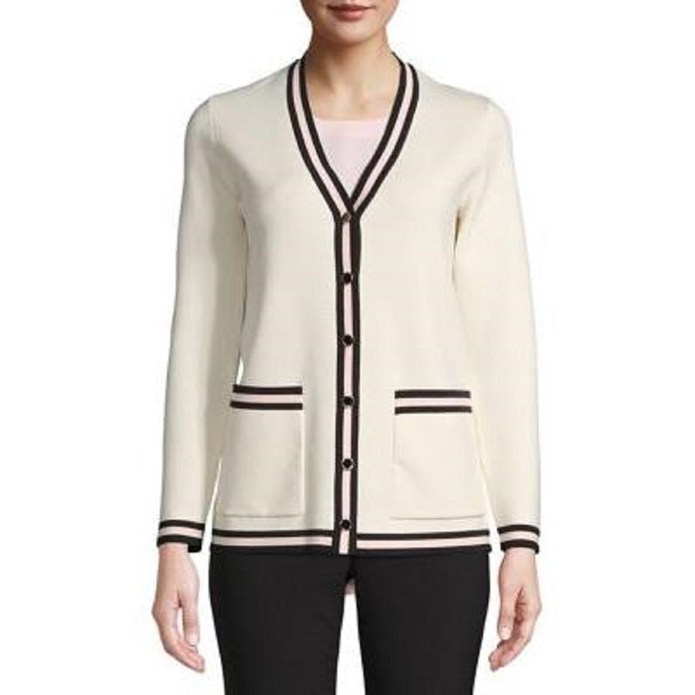 Suéter feminino Anne Klein de manga comprida, cor marfim, branco, tamanho médio