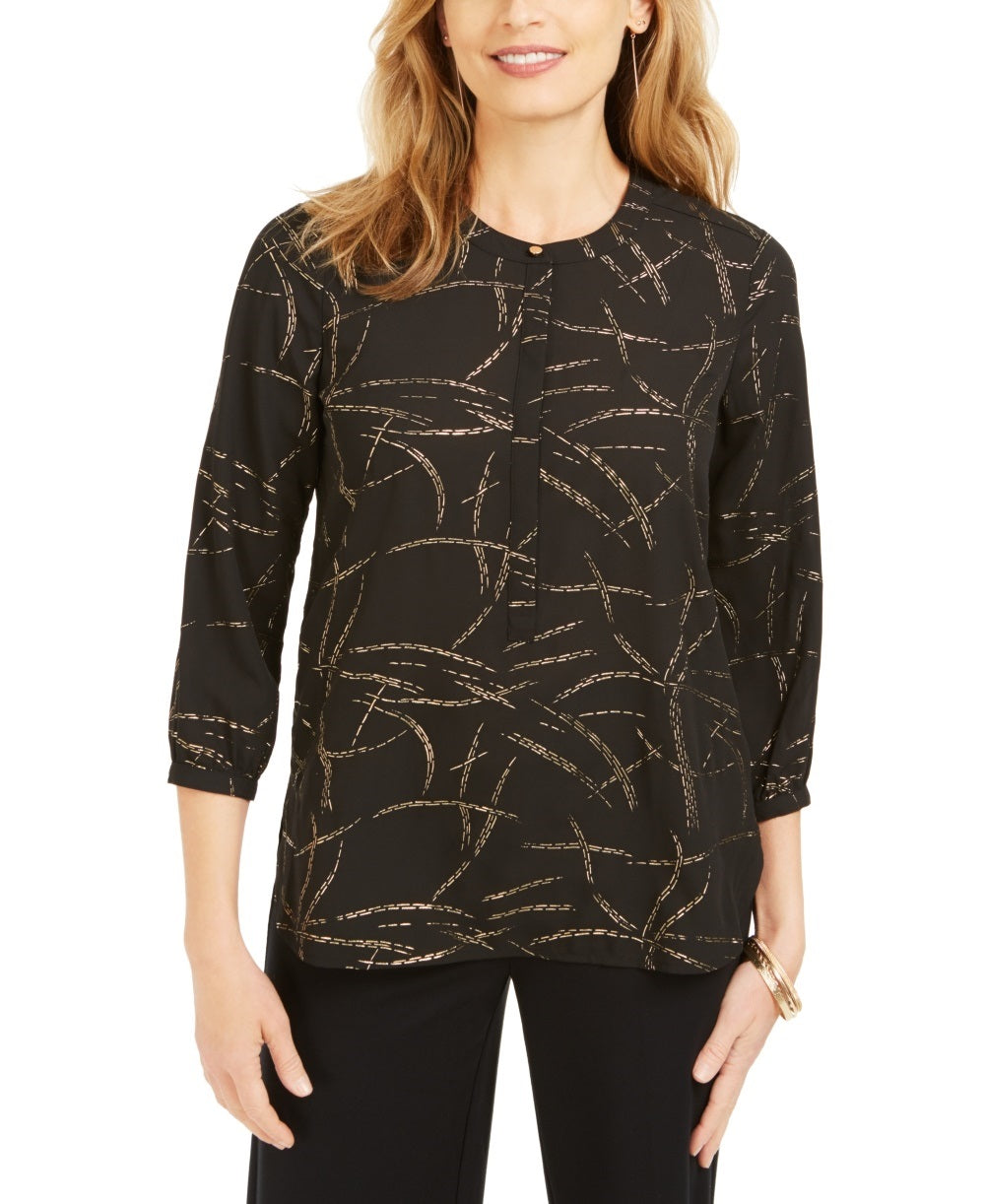 Blusa feminina estampada com pregas nas costas, tamanho grande, preta, da coleção JM