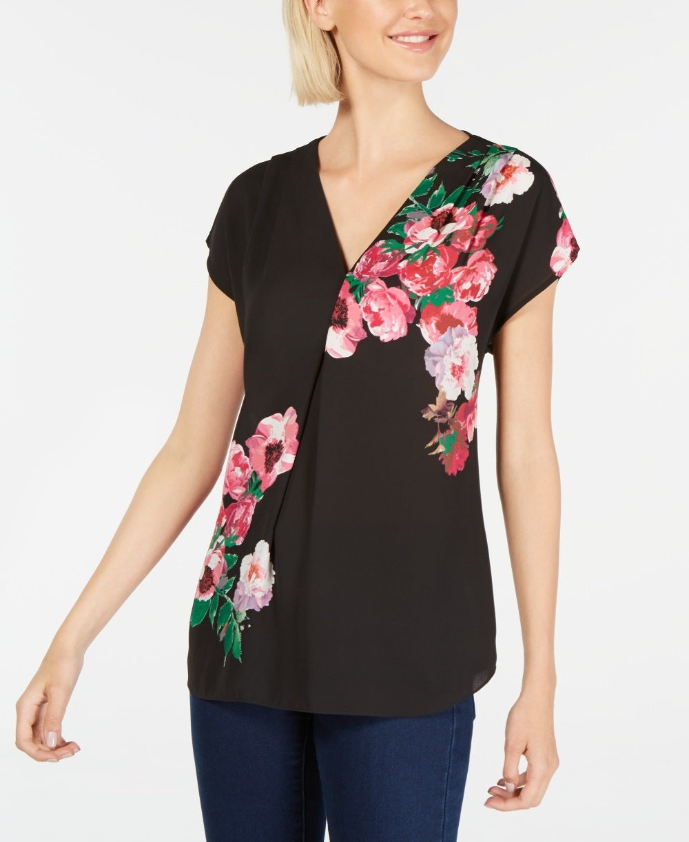 Blusa feminina pequena com estampa floral e decote em V, preta, tamanho P, da INC International Concepts
