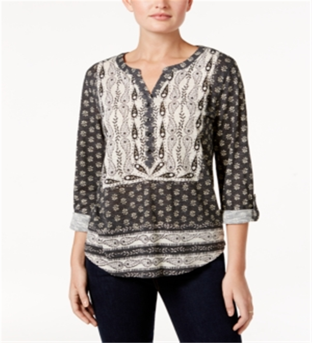 Blusa estampada estilo camponesa feminina Style &amp; Co, preta, creme, tamanho pequeno M