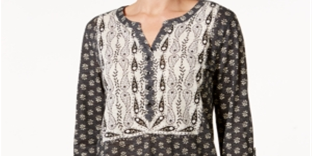 Blusa estampada estilo camponesa feminina Style &amp; Co, preta, creme, tamanho pequeno M