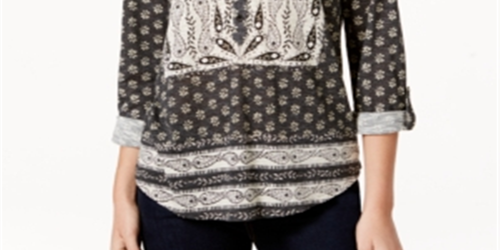 Blusa estampada estilo camponesa feminina Style &amp; Co, preta, creme, tamanho pequeno M