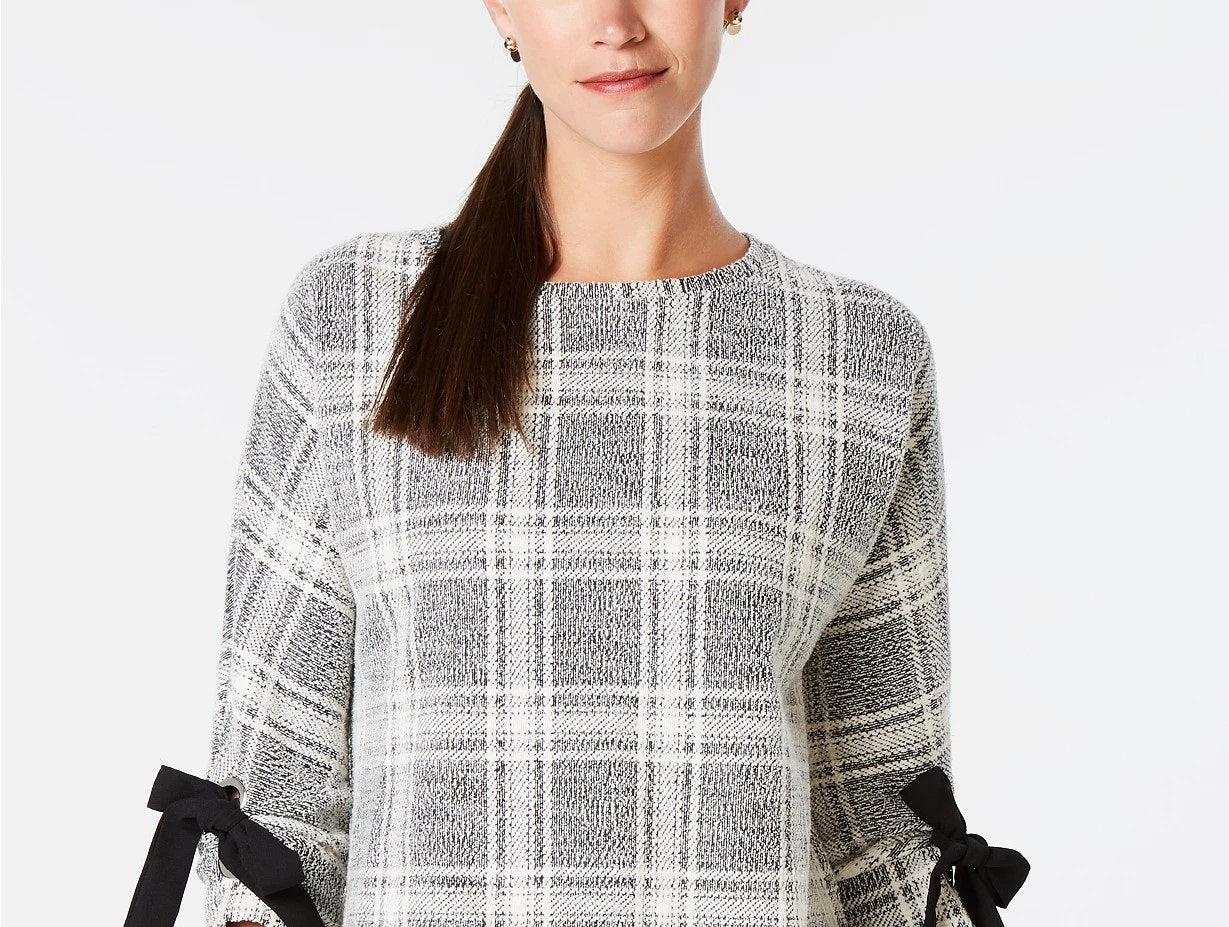 Charter Club Plaid Bow-Sleeve Top Preto Tamanho XX-G