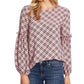 Top feminino elegante xadrez com manga bufante e estampa lanterna CeCe, vermelho, tamanho grande