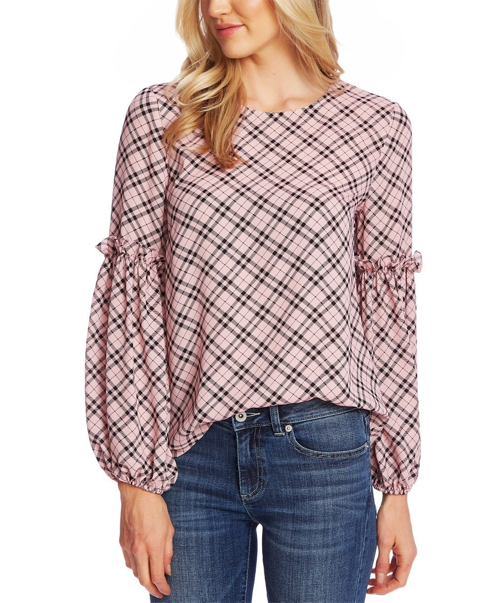 Top feminino elegante xadrez com manga bufante e estampa lanterna CeCe, vermelho, tamanho grande