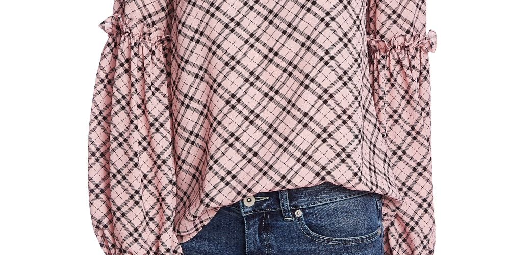 Top feminino elegante xadrez com manga bufante e estampa lanterna CeCe, vermelho, tamanho grande