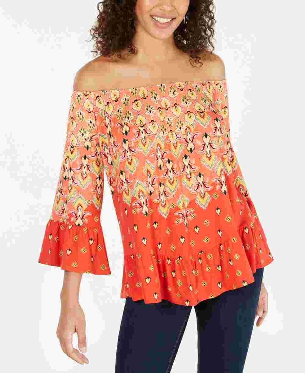 Blusa feminina estampada ombro a ombro estilo &amp; co laranja tamanho médio