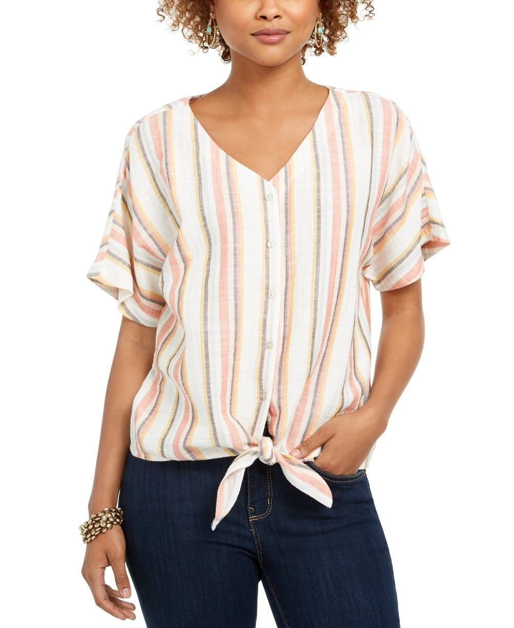 Blusa feminina listrada com amarração frontal e decote em V, rosa, tamanho pequeno, da Style &amp; Co