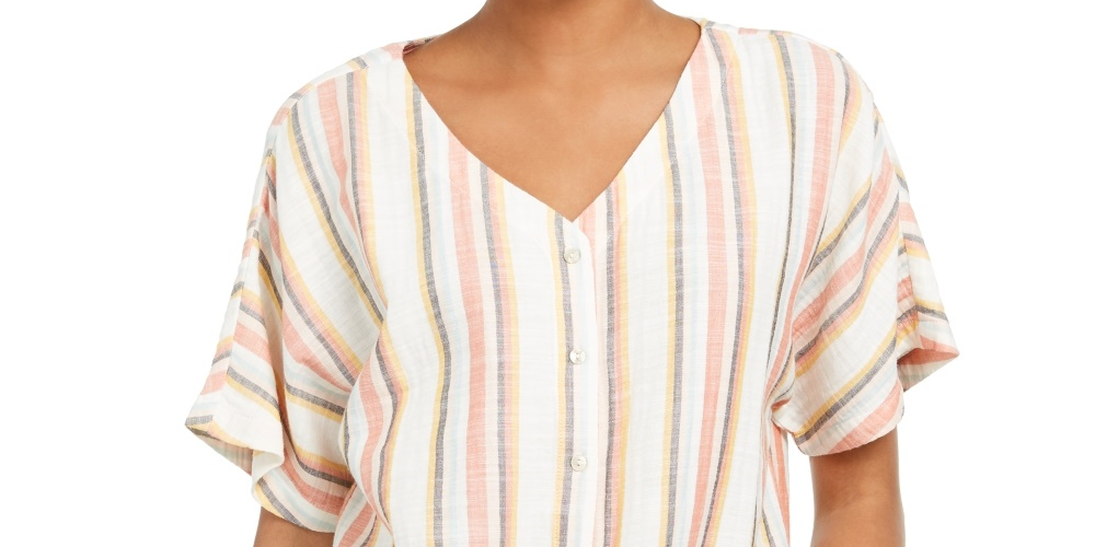Blusa feminina listrada com amarração frontal e decote em V, rosa, tamanho pequeno, da Style &amp; Co