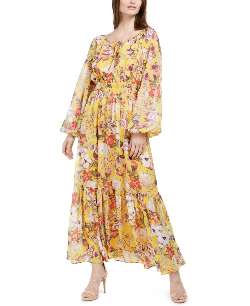 Vestido longo estampado feminino INC International Concepts Peasant, amarelo, tamanho X-S