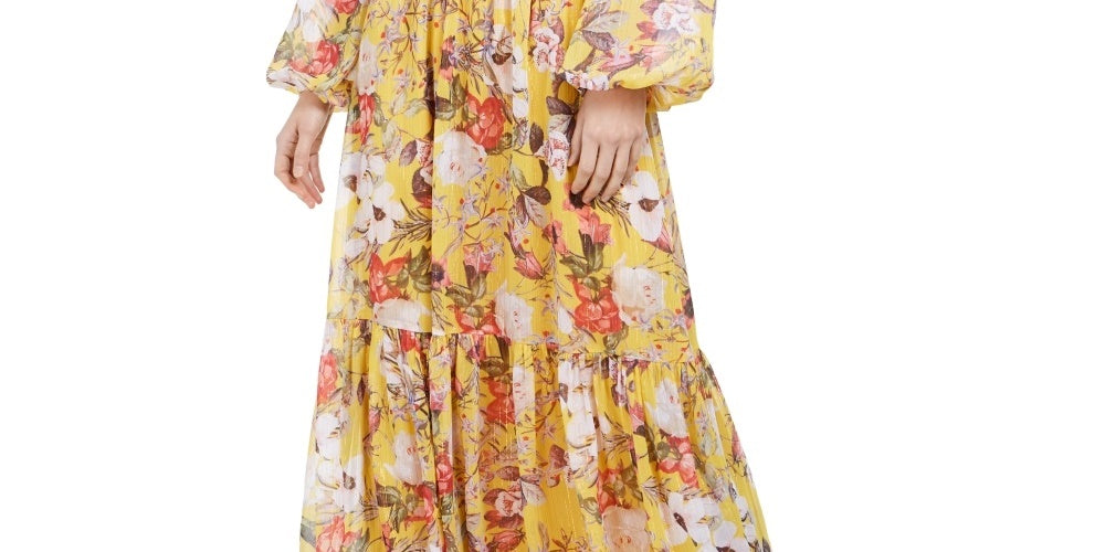 Vestido longo estampado feminino INC International Concepts Peasant, amarelo, tamanho X-S