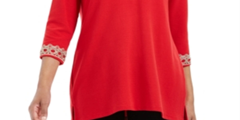 Top feminino com estampa de decote em V e manga 3/4 Charter Club, tamanho pequeno, vermelho