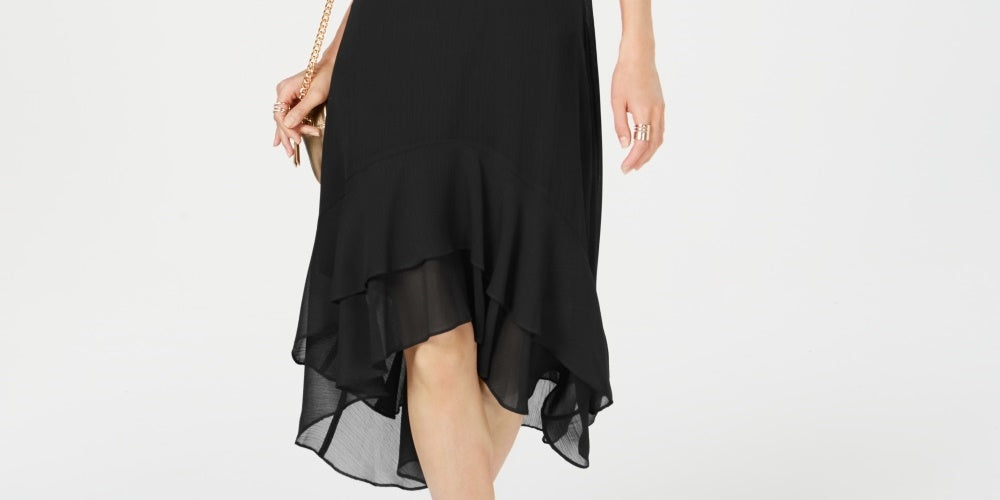 Vestido midi feminino com decote em V e mangas curtas, preto, tamanho 0, da INC International Concepts