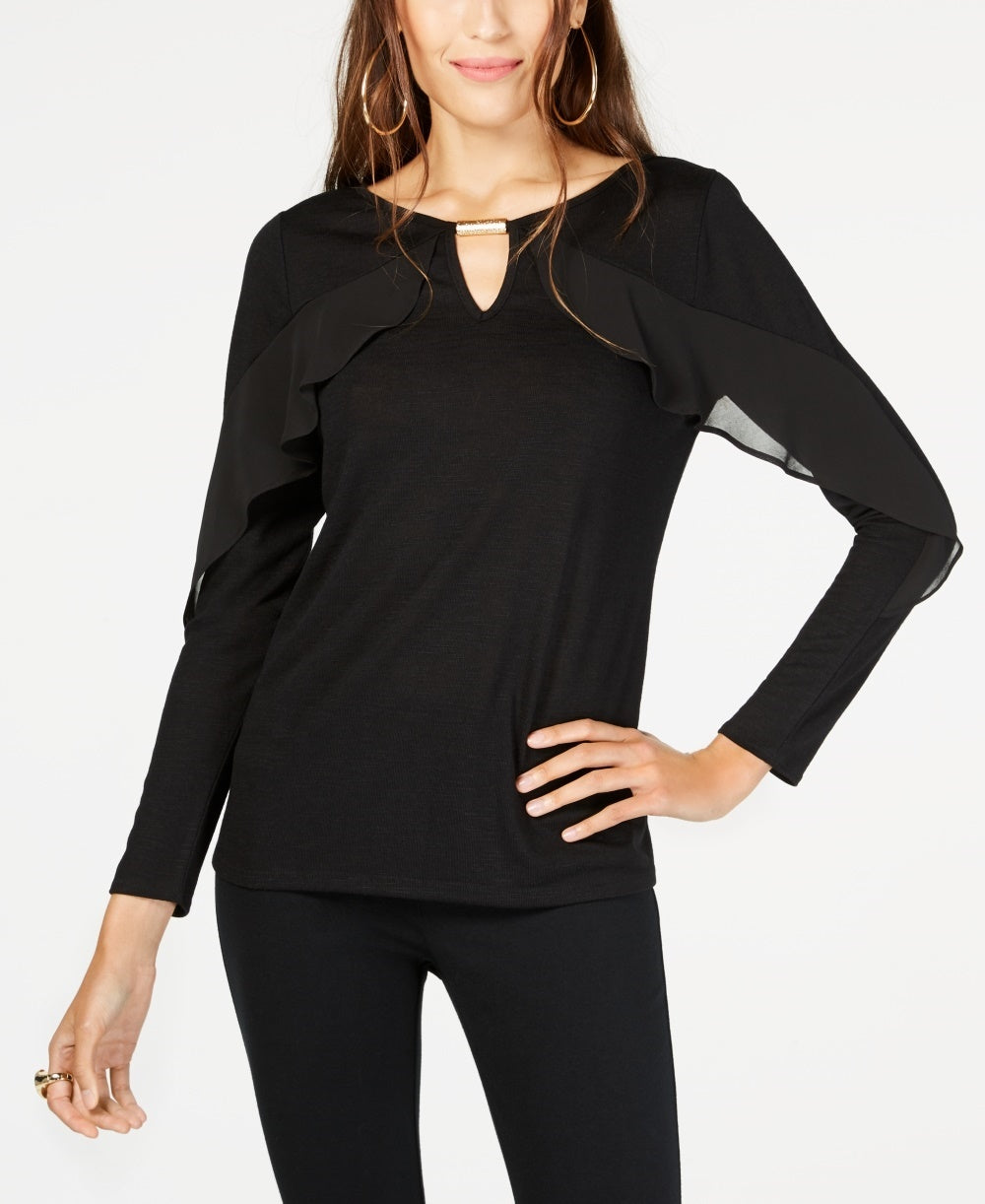 Thalia Sodi Blusa Feminina com Babados e Decote em V, Preta, Tamanho Grande