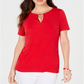JM Collection Top Feminino com Decote em Forma de Fechadura e Detalhe Vermelho Tamanho Pequeno P/M