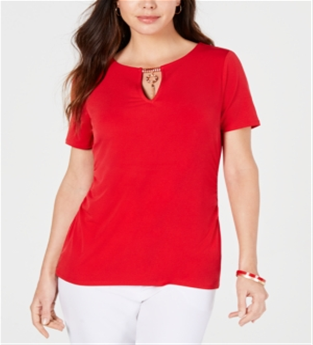 JM Collection Top Feminino com Decote em Forma de Fechadura e Detalhe Vermelho Tamanho Pequeno P/M