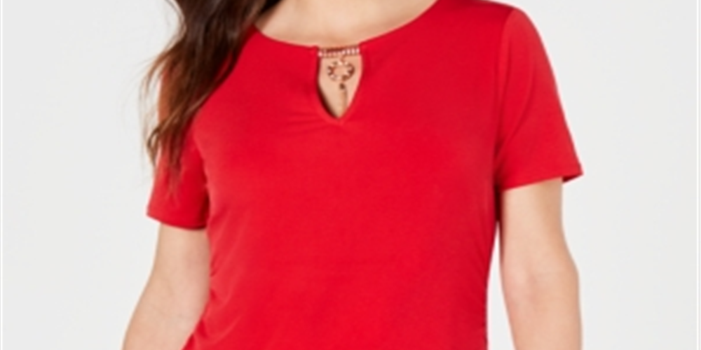 JM Collection Top Feminino com Decote em Forma de Fechadura e Detalhe Vermelho Tamanho Pequeno P/M