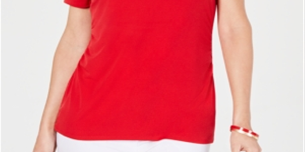 JM Collection Top Feminino com Decote em Forma de Fechadura e Detalhe Vermelho Tamanho Pequeno P/M