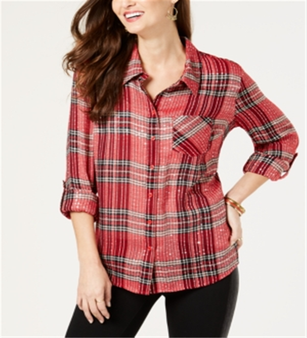Camisa xadrez feminina com lantejoulas Style &amp; Co, vermelha, tamanho pequeno P