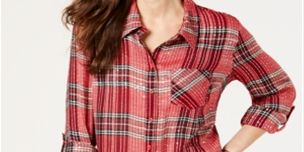 Camisa xadrez feminina com lantejoulas Style &amp; Co, vermelha, tamanho pequeno P