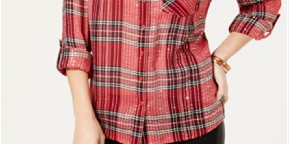 Camisa xadrez feminina com lantejoulas Style &amp; Co, vermelha, tamanho pequeno P