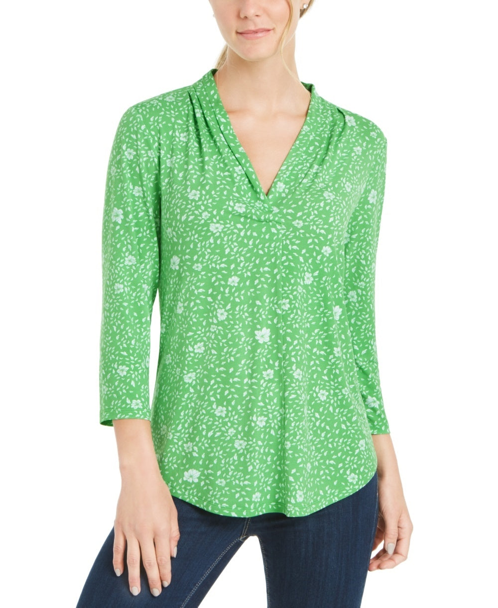 Blusa plissada com estampa floral e decote em V feminina Charter Club, verde, tamanho médio