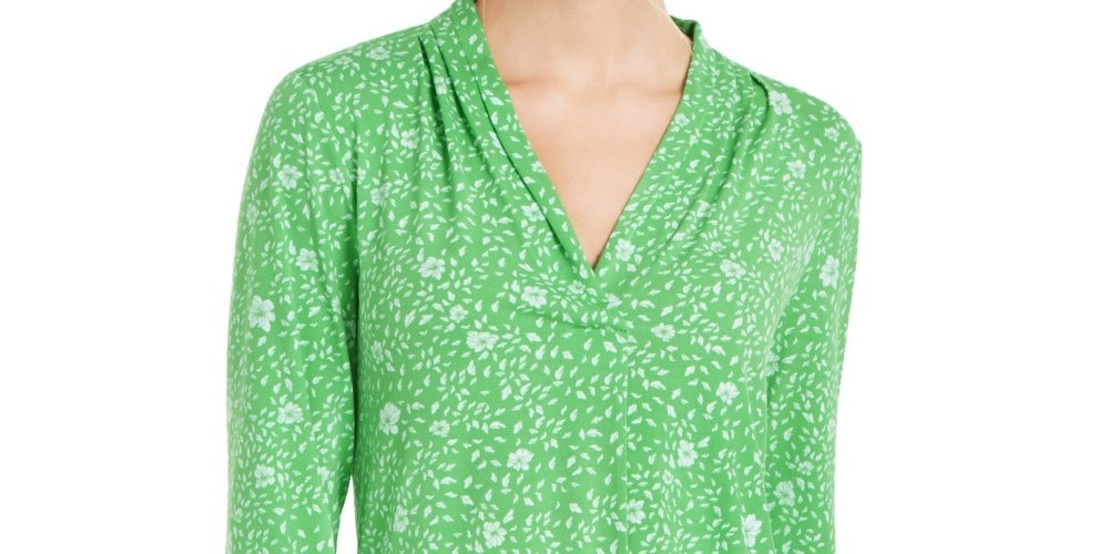 Blusa plissada com estampa floral e decote em V feminina Charter Club, verde, tamanho médio