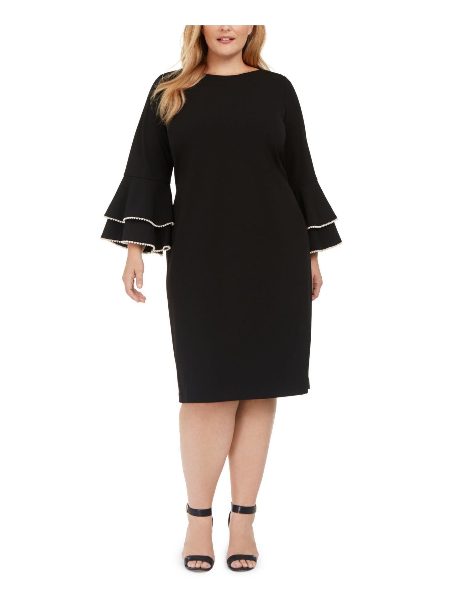 Vestido de festa Calvin Klein feminino com zíper e manga sino, gola redonda, comprimento até o joelho, preto, tamanho 14W
