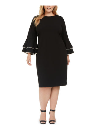 Vestido de festa Calvin Klein feminino com zíper e manga sino, gola redonda, comprimento até o joelho, preto, tamanho 14W