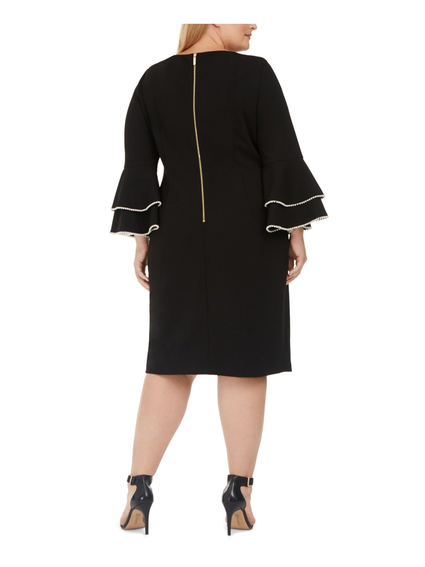 Vestido de festa Calvin Klein feminino com zíper e manga sino, gola redonda, comprimento até o joelho, preto, tamanho 14W