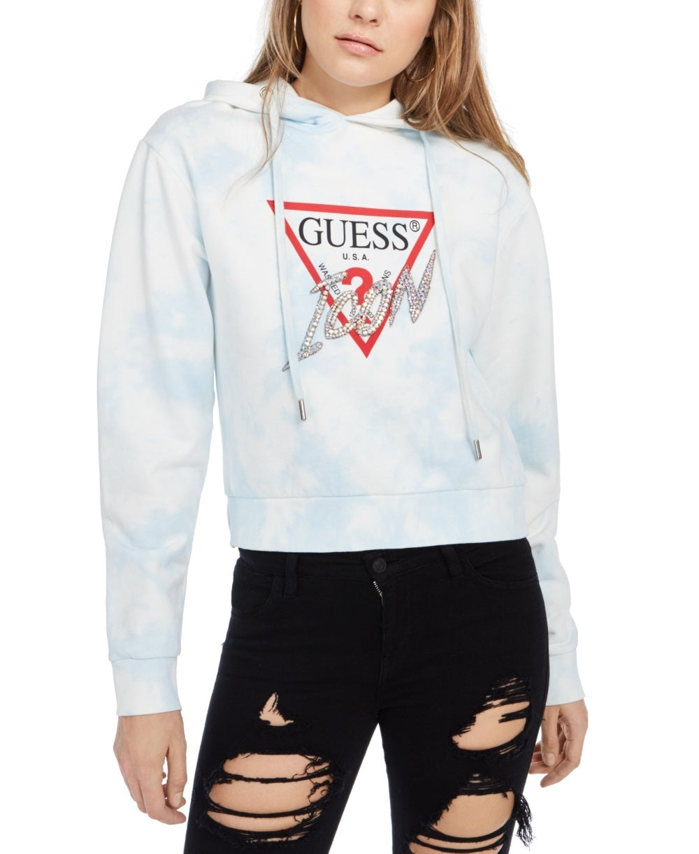 Moletom com capuz e logotipo da Guess feminino, estampado, azul, tamanho pequeno, extrapequeno