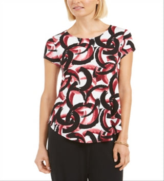 Camiseta feminina estampada Alfani com bainha redonda, vermelha e preta, tamanho pequeno G