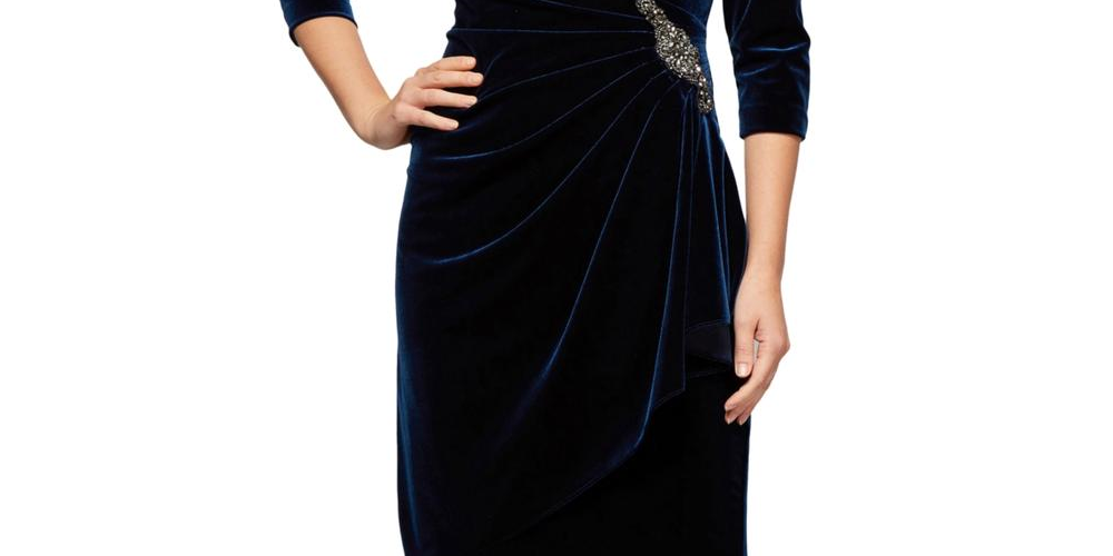 Vestido de veludo com franzido lateral feminino Alex Evenings, azul-marinho, tamanho 8, pequeno