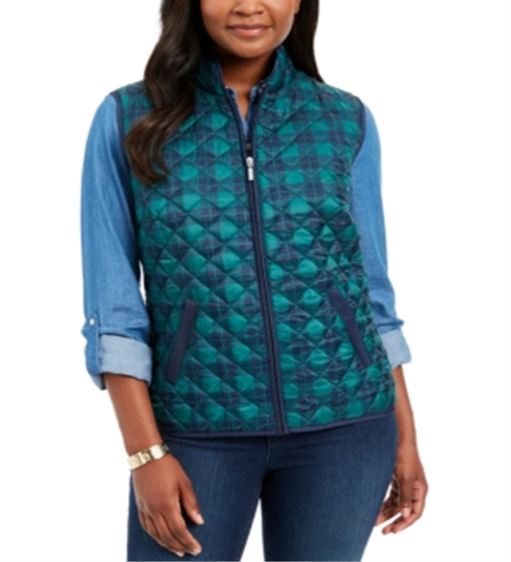 Colete acolchoado xadrez feminino Karen Scott, verde, tamanho pequeno P