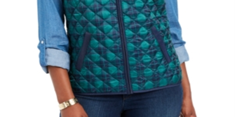 Colete acolchoado xadrez feminino Karen Scott, verde, tamanho pequeno P