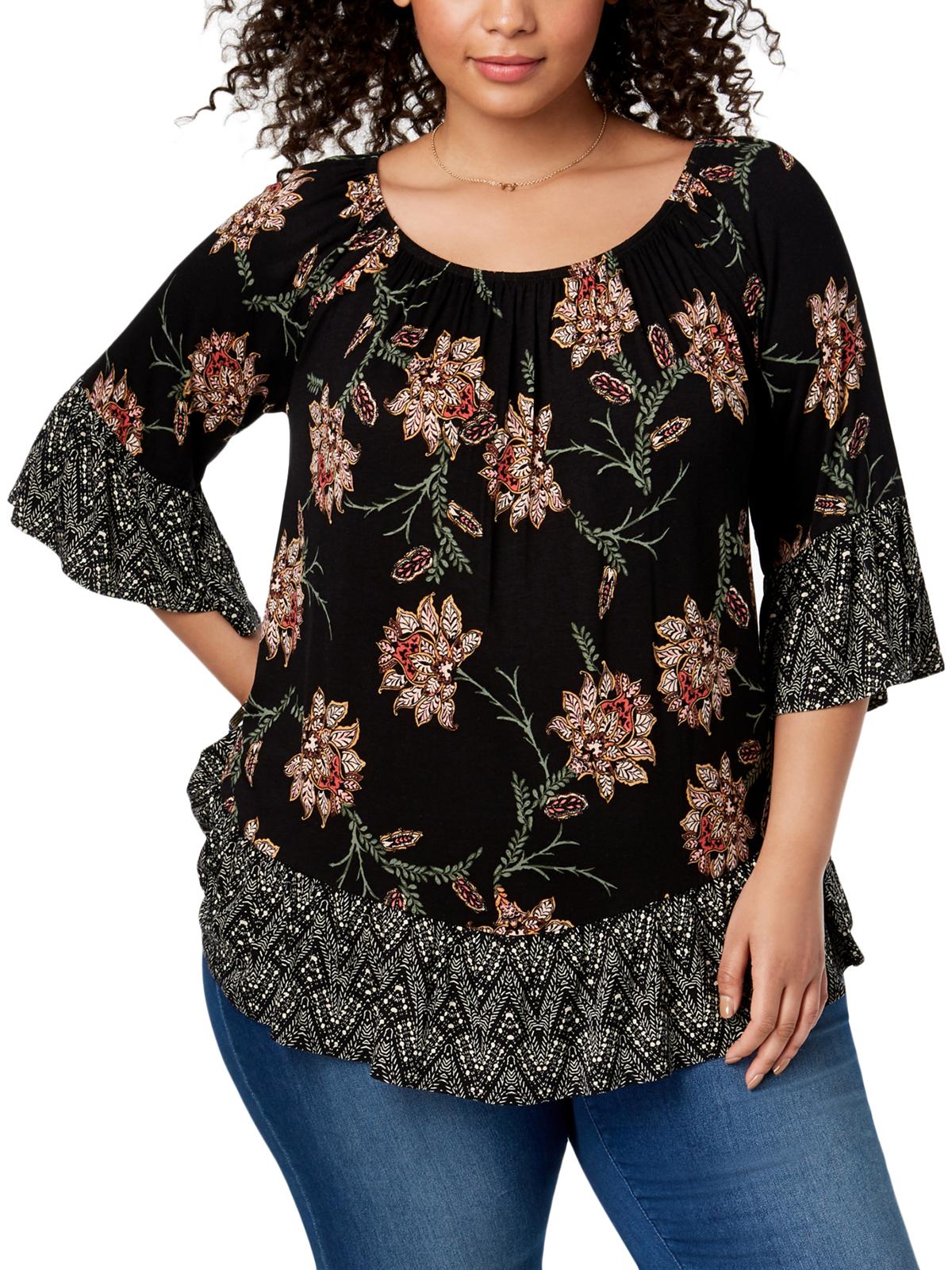 Blusa estampada com babados e acabamento em babados feminina Style &amp; Co, preta, tamanho 0X