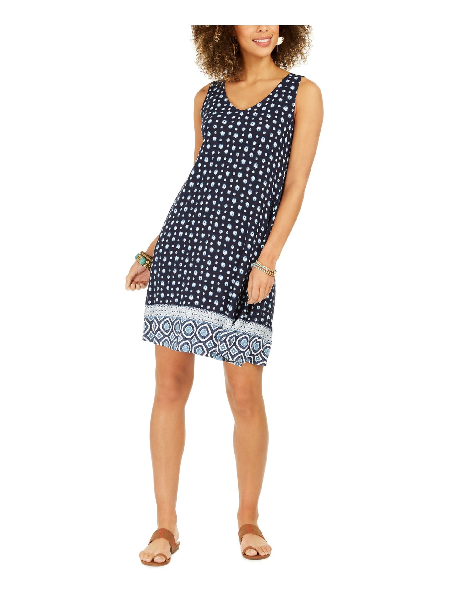 Vestido rodado sem mangas com estampa floral feminino Style &amp; Co, tamanho azul-marinho PP