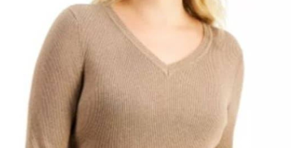Karen Scott Suéter Feminino de Algodão com Malha Canelada Marrom Tamanho Médio
